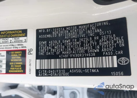 2013 Toyota Camry Le из США, поврежденный, VIN 4T4BF1FK9DR314638